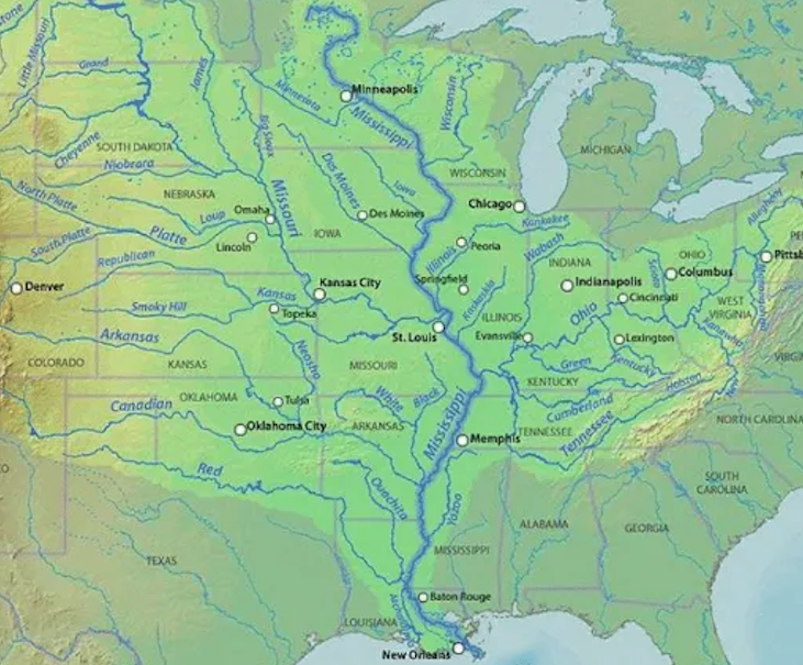 Map of the Mississippi River basin showing the route from Peoria, Illinois to New Orleans, Louisiana