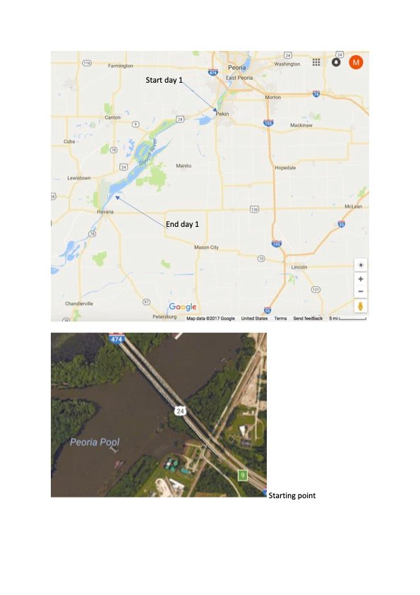 Map showing the starting point near Peoria and the end of day one on the Illinois River
