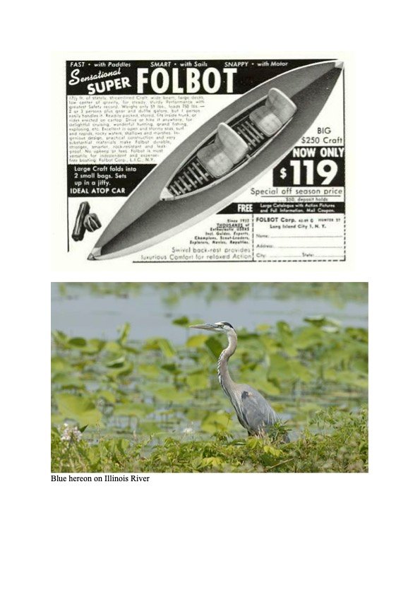 A vintage Folbot kayak advertisement and a great blue heron on the Illinois River